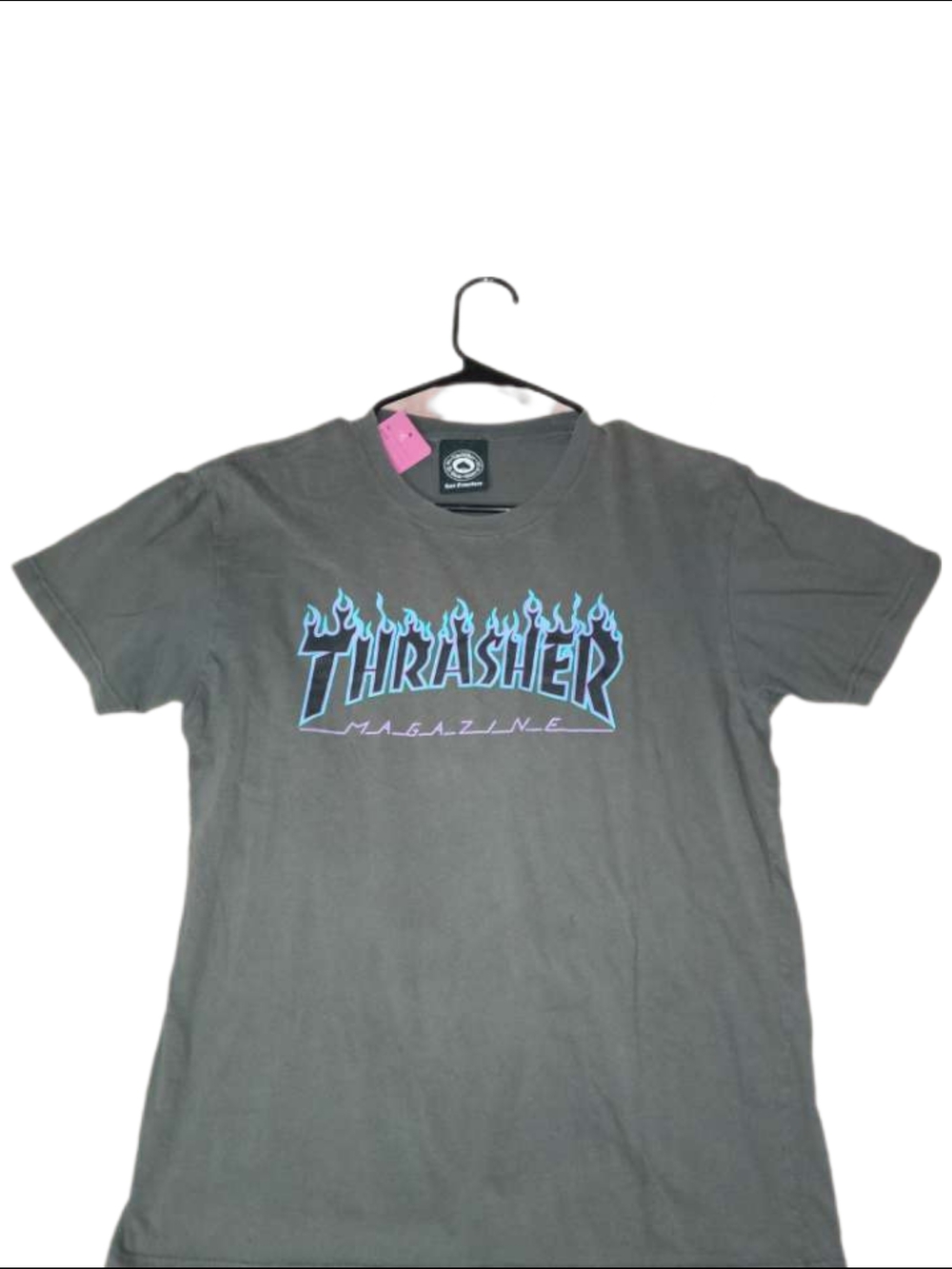 Thrasher Flame Logo Tee in Charcoal with Blue/Purple Graphic